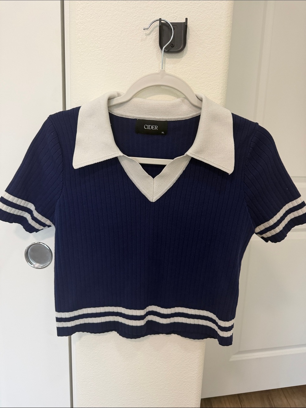 Cider Navy and White Ribbed Polo Crop Top Sweater